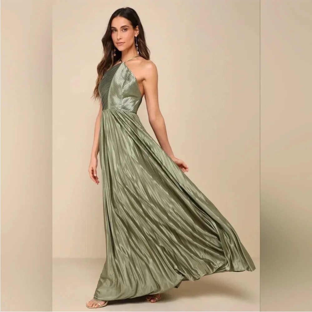 Lulus Elaborate Charm Olive Green Satin Pleated Backless Maxi Dress Sz-S - Picture 4 of 13